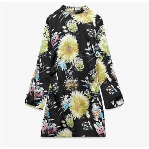 Zara Black Satin Floral Printed Gathered Long Sleeve Mini Dress, Yellow, Blue XS